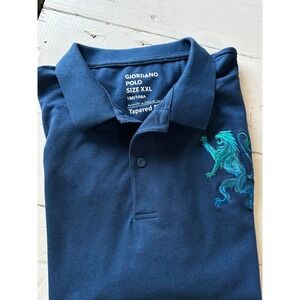 Giordano Mens XXL Navy Blue Tapered‎ Fit Polo Shirt Lion Crest Teal Embroidered